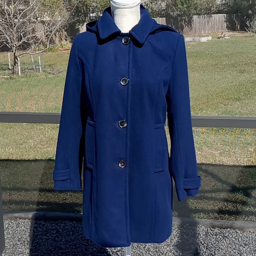 St. John's Bay Women's Navy Wool Blend Coat With Removable Hood Size Petite Med
